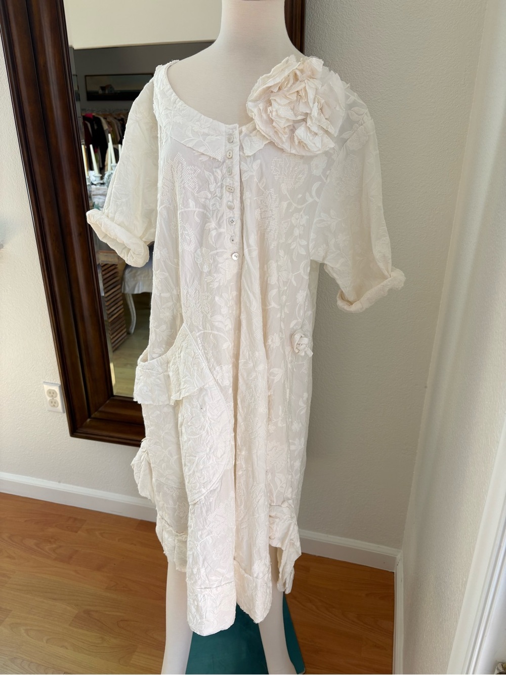 Women's Cream Floral Embroidered Midi Dress with Rosette